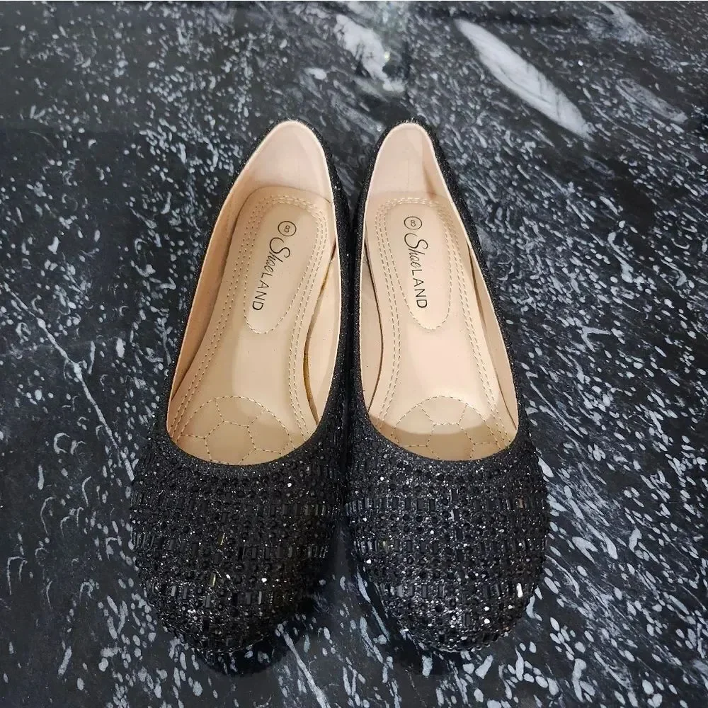 BRAND NEW SHOE LAND BLACK RHIENSTONE SLIP-ON WOMEN